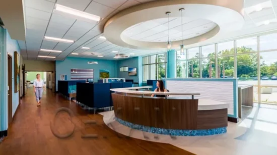 Белый длинный передний стол с твердой поверхностью, большой большой приемный стол клиники, U-образный дизайн поста медсестры в больнице